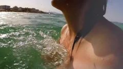 Topless At The Beach: Britney Swallows Huge Wet MILF Breasts Slow Motion Bounce