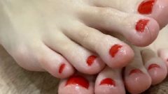 Footjob With Oil For Brother. Jizz On Feet With Red Nails.